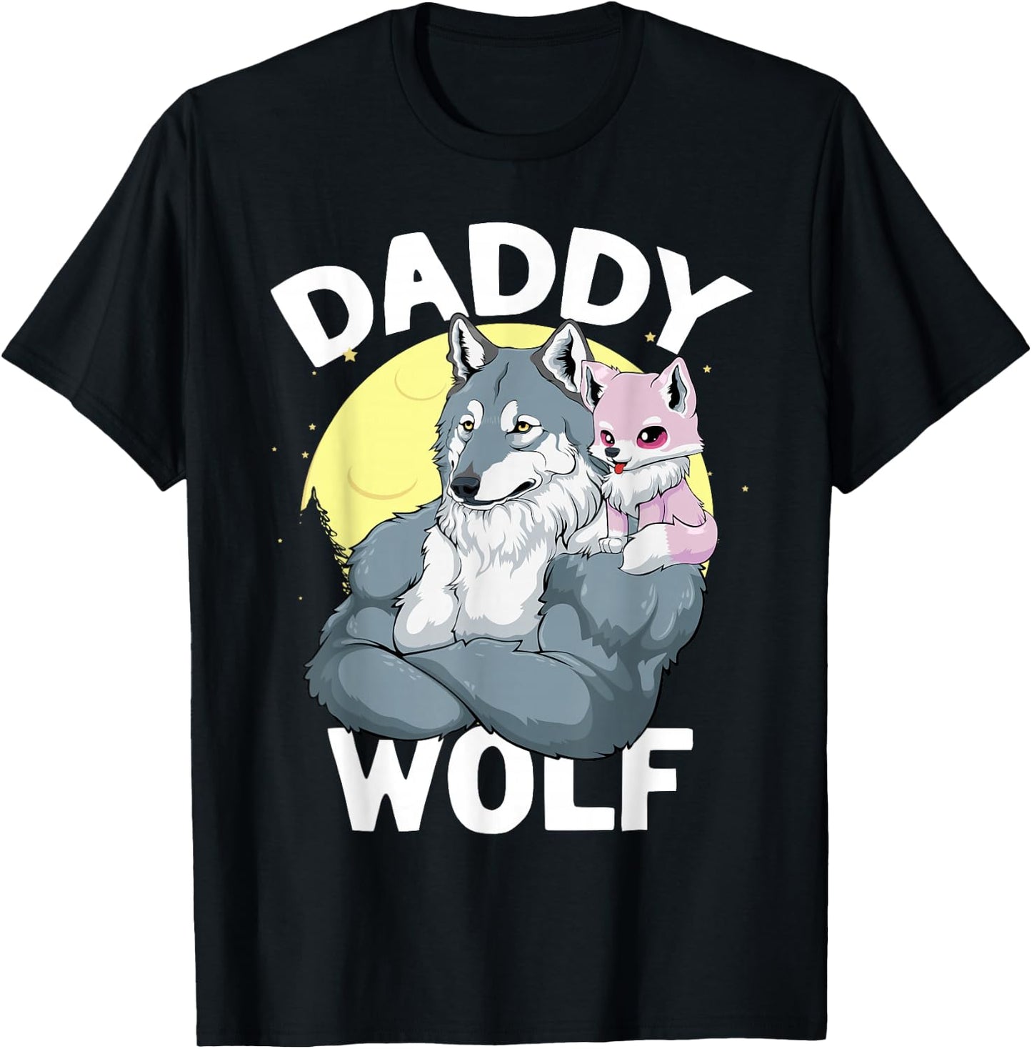 Daddy Wolf with Wolf Dad and Girl Wolf on Fathers Day T-Shirt - T-Shirt | Black