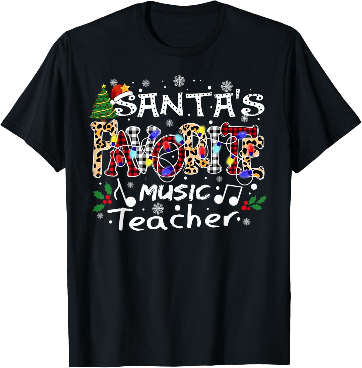 Merry Christmas Santa's Favorite Music Teacher Xmas Lights T-Shirt - T-Shirt | Black