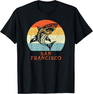 San Francisco, California Vintage Retro Tribal Shark T-Shirt - T-Shirt | Black