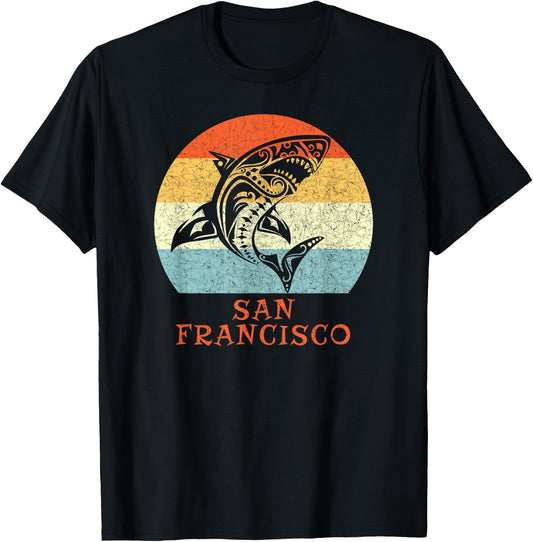 San Francisco, California Vintage Retro Tribal Shark T-Shirt - T-Shirt | Black
