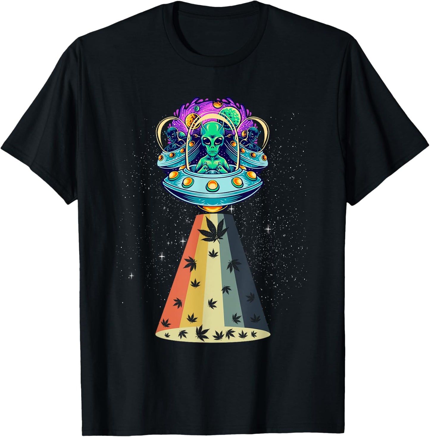 Vintage Alien Weed Pot Leaf UFO Abduction Marijuana T-Shirt - T-Shirt | Black