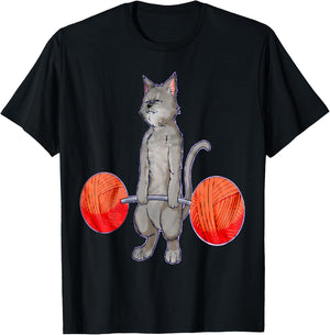 Deadlifting Grey Cat Weightlifting Bodybuilding Fitness Gym T-Shirt - T-Shirt | Black