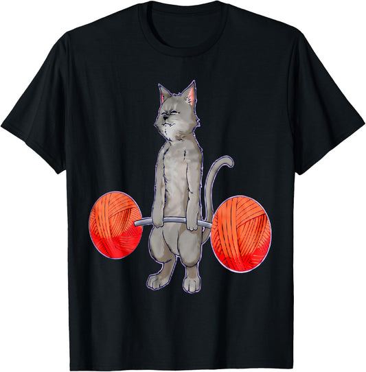Deadlifting Grey Cat Weightlifting Bodybuilding Fitness Gym T-Shirt - T-Shirt | Black