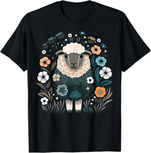 Cute Sheep Floral Colorful Flowers in the Garden Black T-Shirt - T-Shirt | Black
