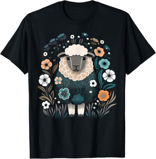 Cute Sheep Floral Colorful Flowers in the Garden Black T-Shirt - T-Shirt | Black
