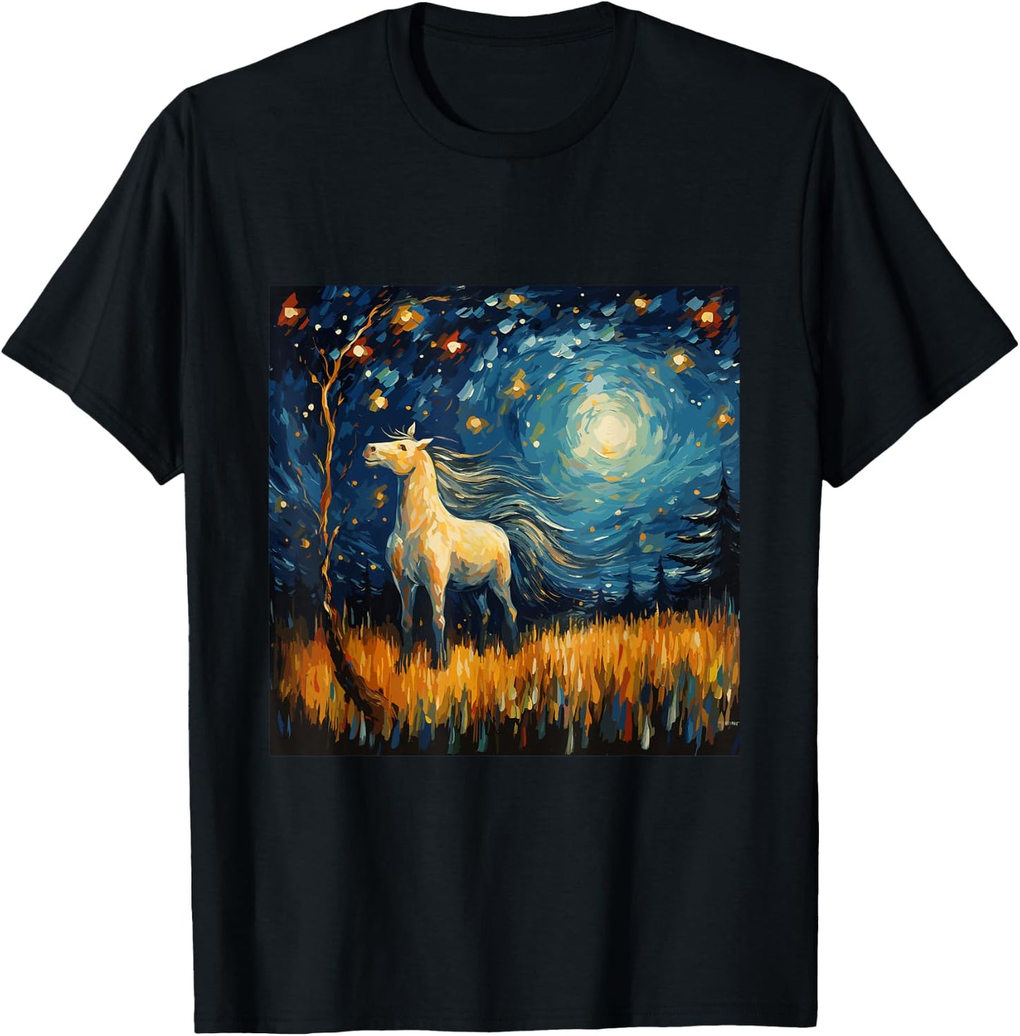 Horse in Starry Night Van Gogh inspired Art for Horses Lover T-Shirt - T-Shirt | Black