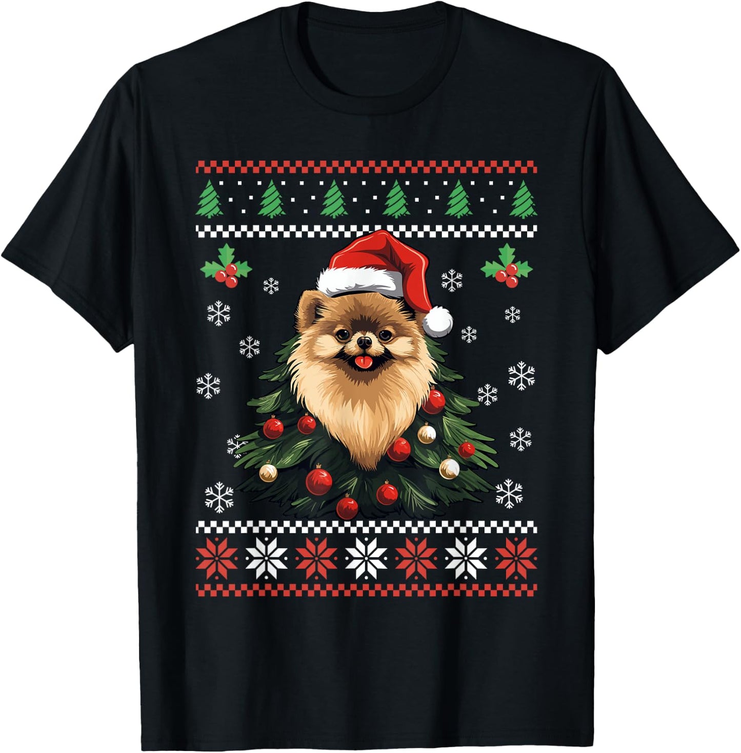 Pomeranian Dog Ugly Christmas Sweater Xmas For Adults Kids T-Shirt - T-Shirt | Black