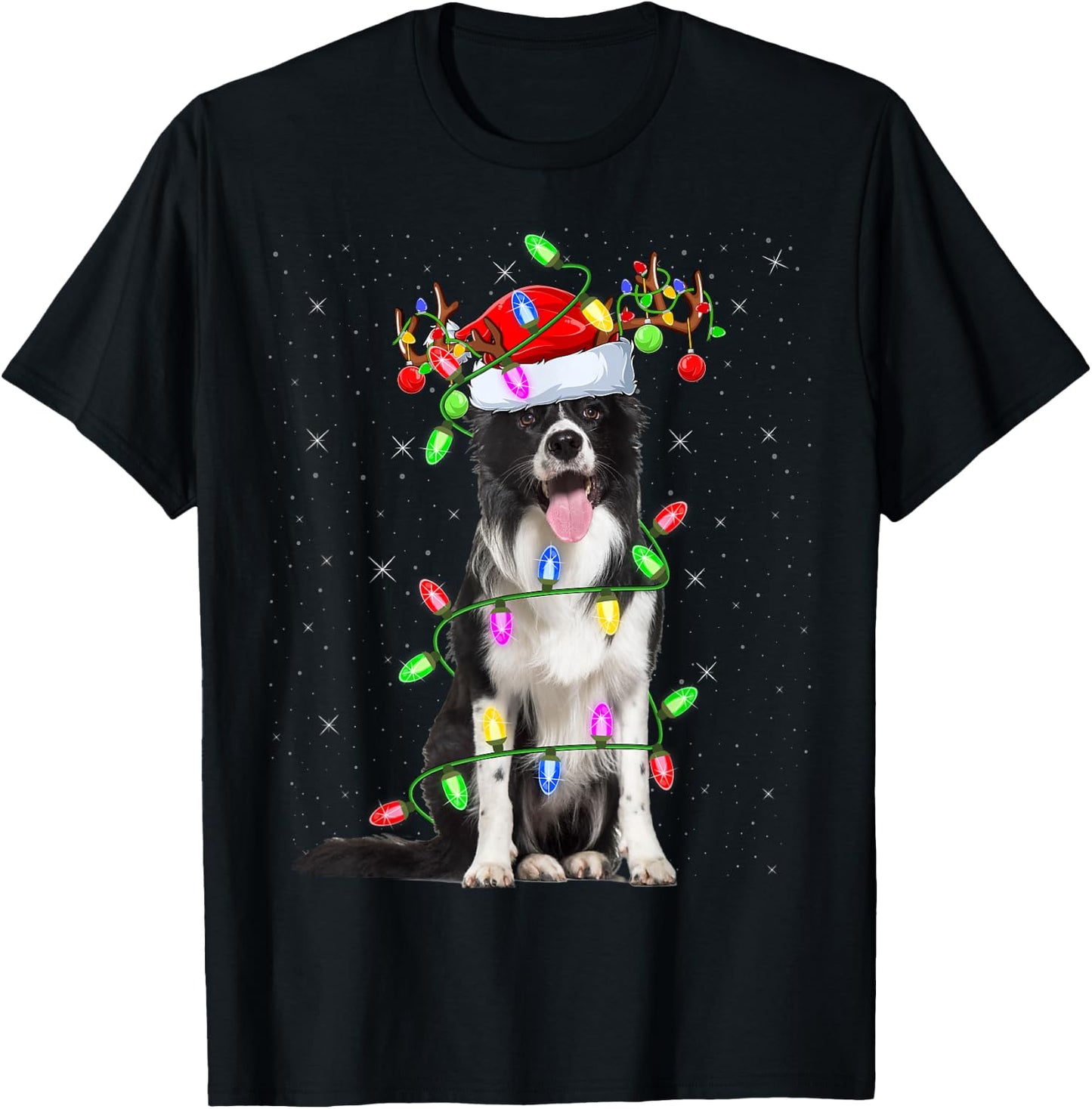 Xmas Holiday Lighting Santa Border Collie Dog Christmas T-Shirt - T-Shirt | Black
