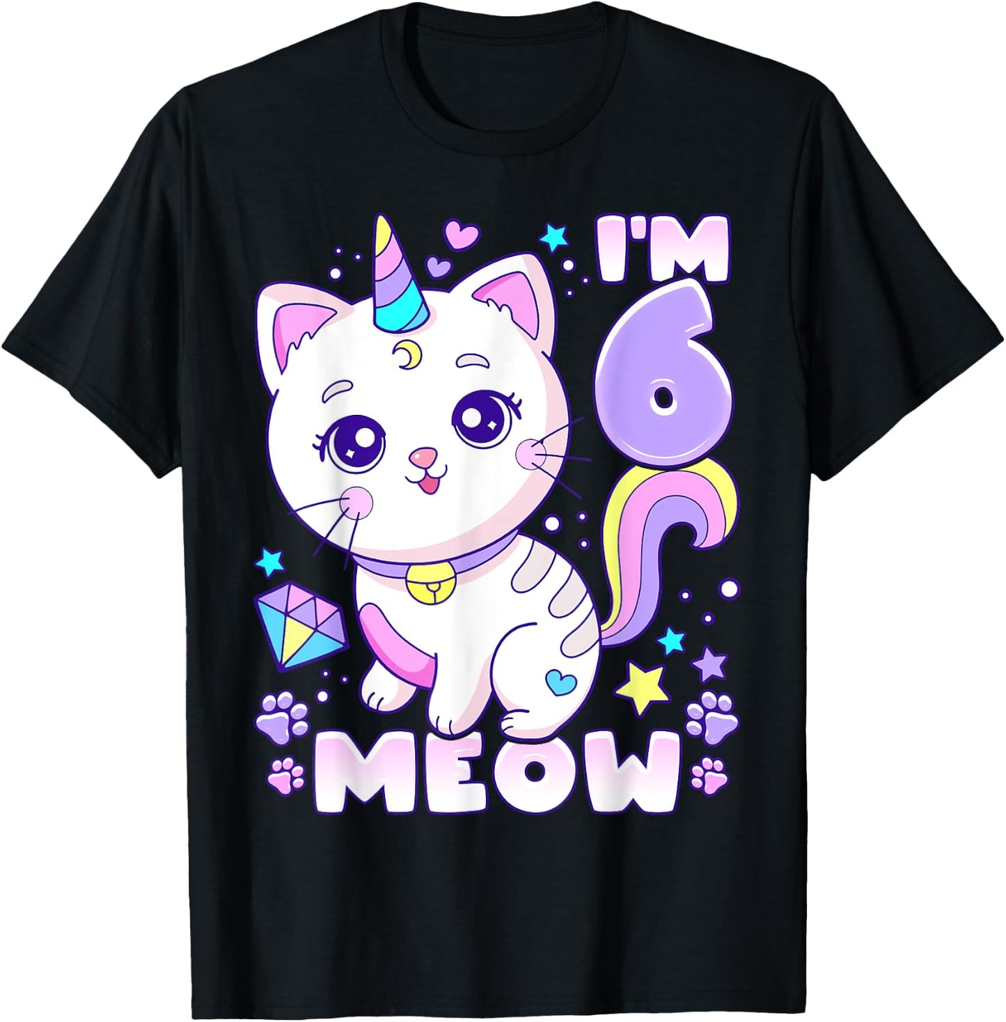 Birthday girl 6 years old, cat, unicorn, 6th birthday T-Shirt - T-Shirt | Black