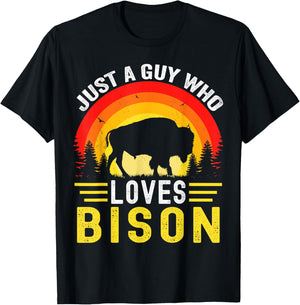 Just A Guy Who Loves Bison Retro Vintage American Bison T-Shirt - T-Shirt | Black