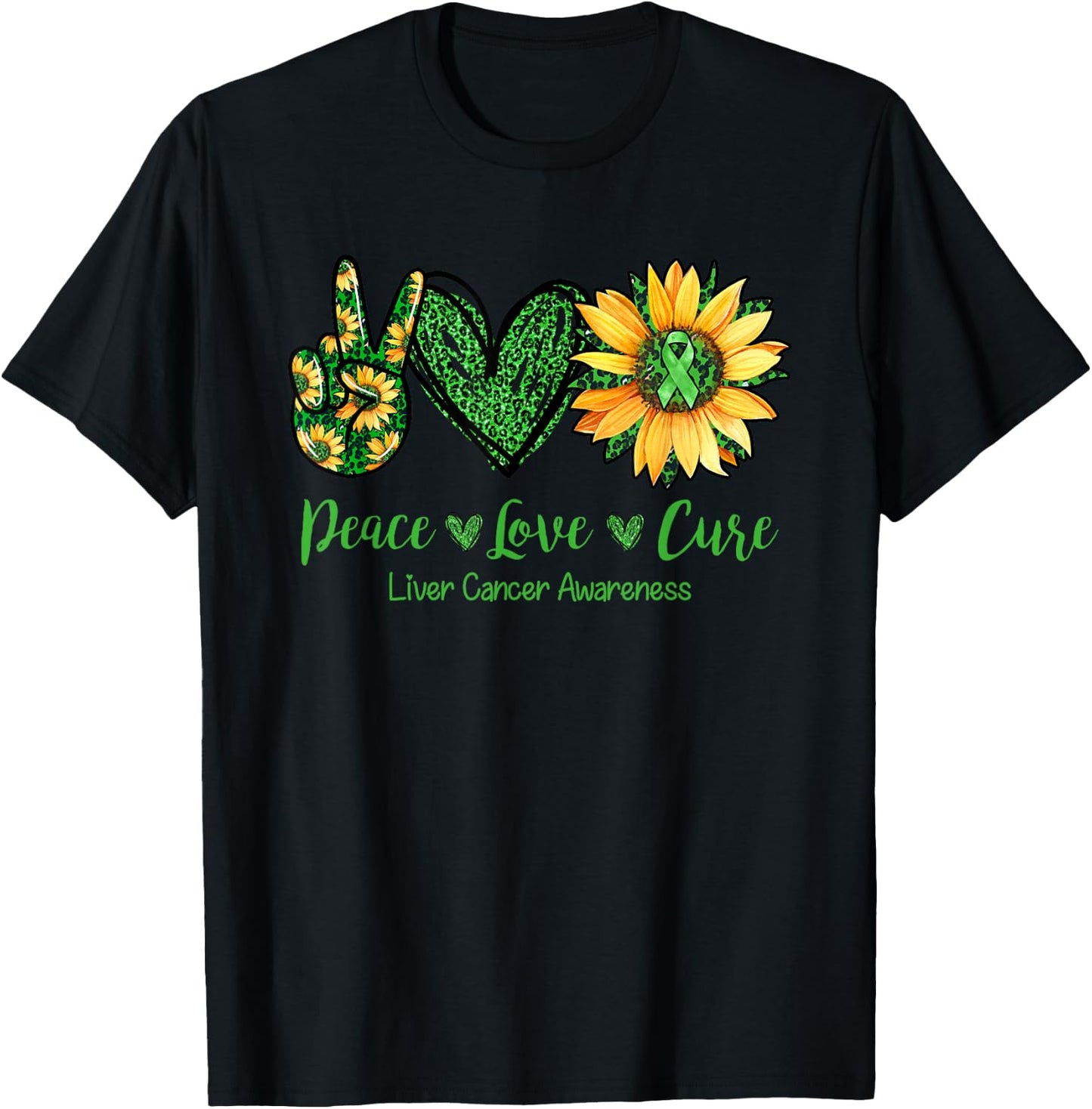 Daisy Flower Peace Love Cure Liver Cancer Awareness Month T-Shirt - T-Shirt | Black