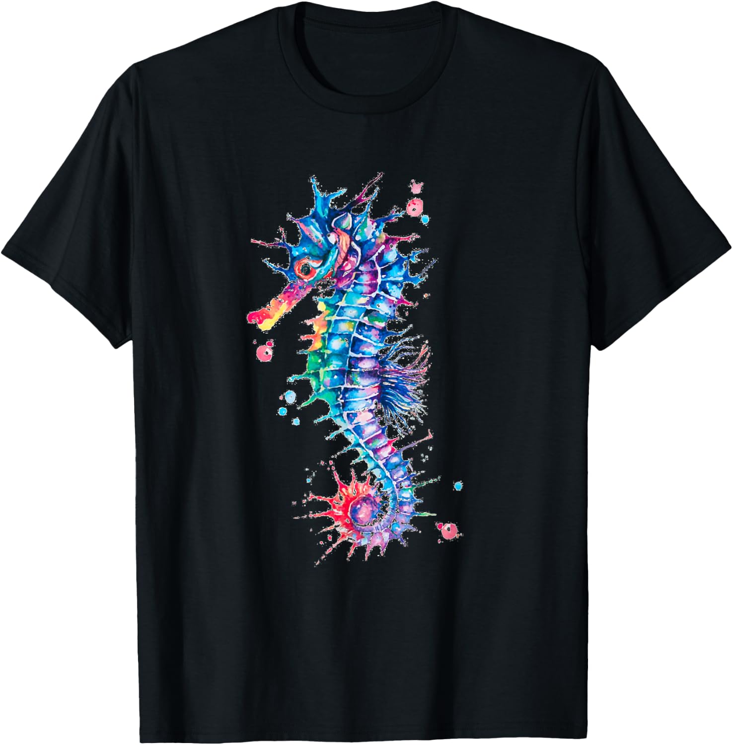 Seahorse Watercolor Ocean Animal Colorful Underwater Fish T-Shirt - T-Shirt | Black