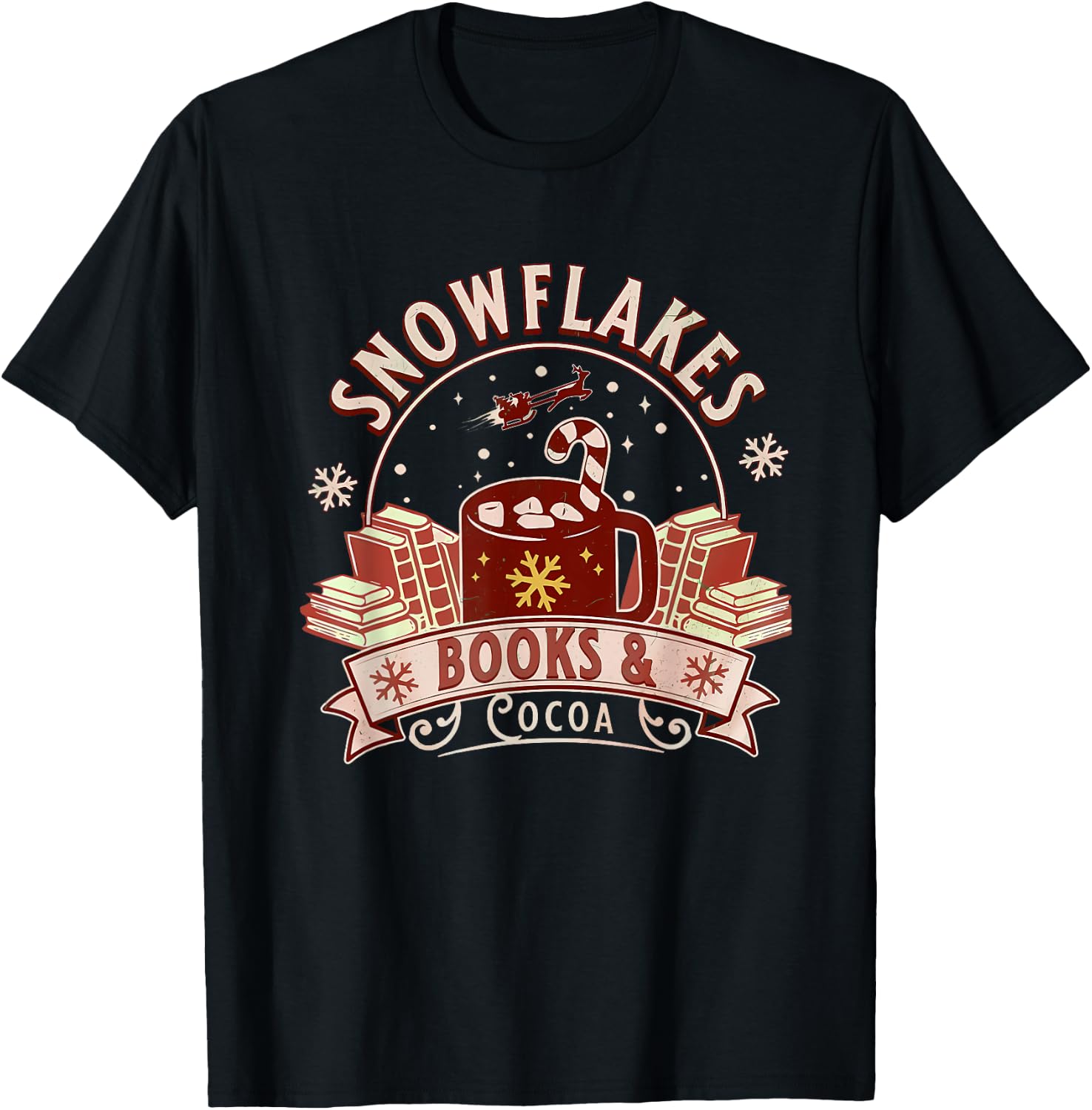 Snowflakes Books & Cocoa Cozy Design T-Shirt - T-Shirt | Black