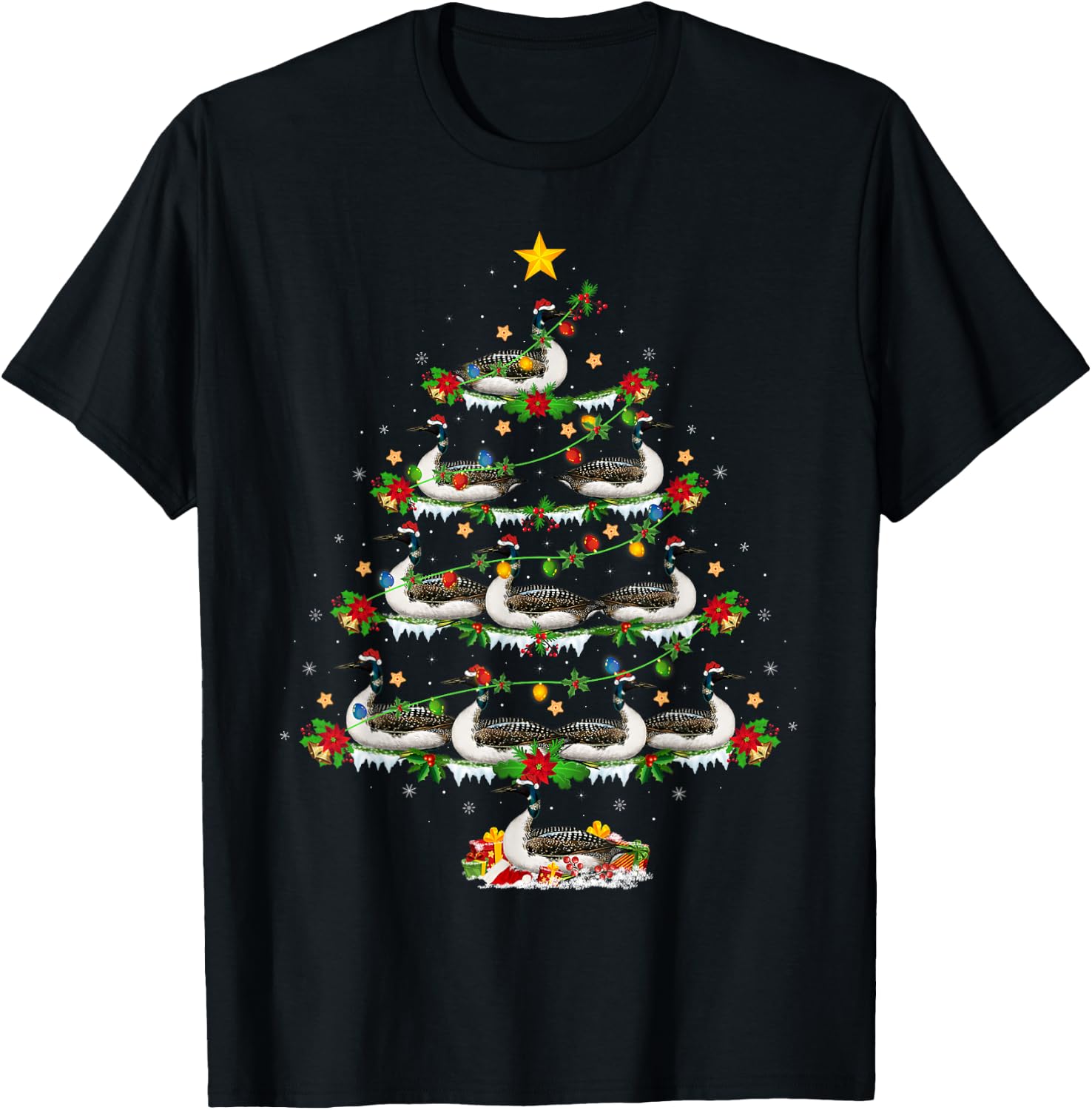 Loon Bird Lover Xmas Lights Loon Christmas Tree T-Shirt - T-Shirt | Black