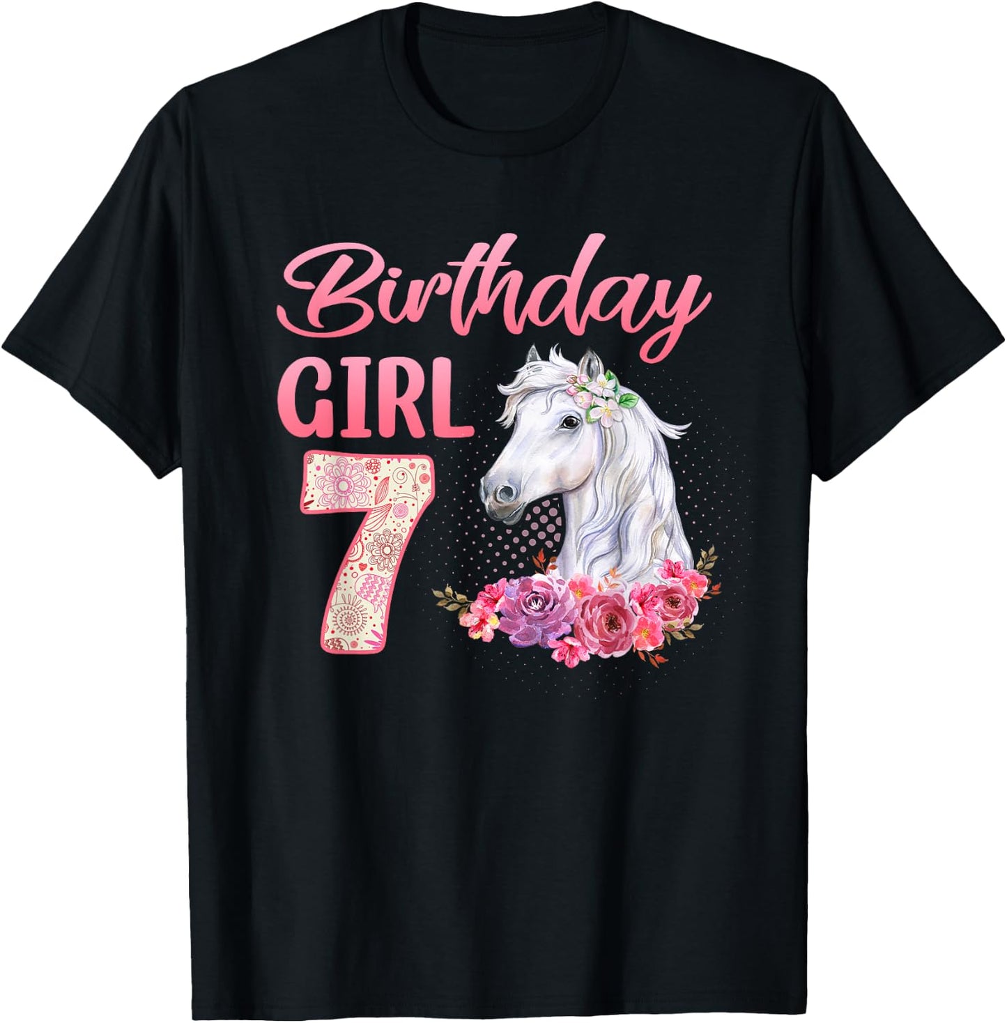 Horse Lovers 7th Birthday Girl Cute 7 Year Old T-Shirt - T-Shirt | Black