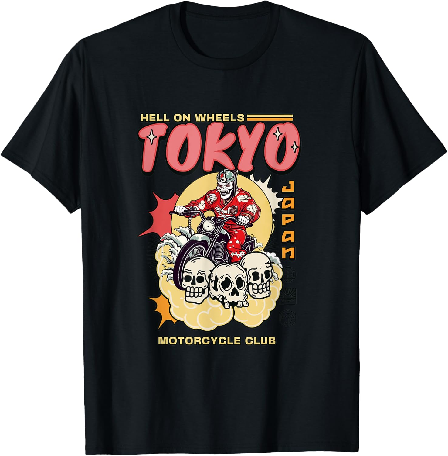 Tokyo Japan Motorcycle Club Biker MC Wheels Retro Skulls T-Shirt - T-Shirt | Black