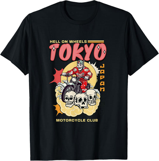 Tokyo Japan Motorcycle Club Biker MC Wheels Retro Skulls T-Shirt - T-Shirt | Black