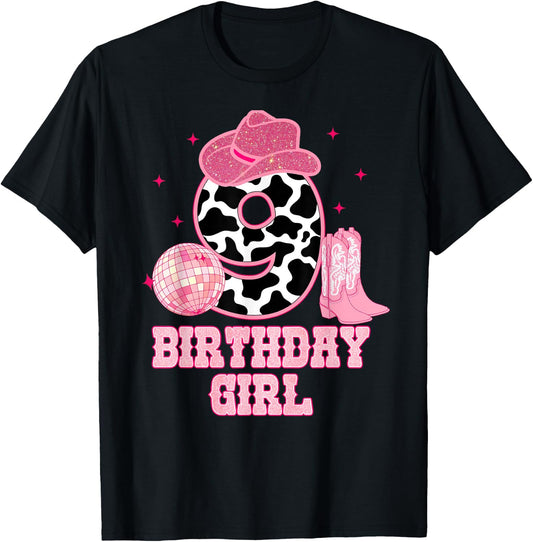 Happy 9th Birthday Girl Outfit Rodeo Western Cowgirl Cowboy T-Shirt - T-Shirt | Black
