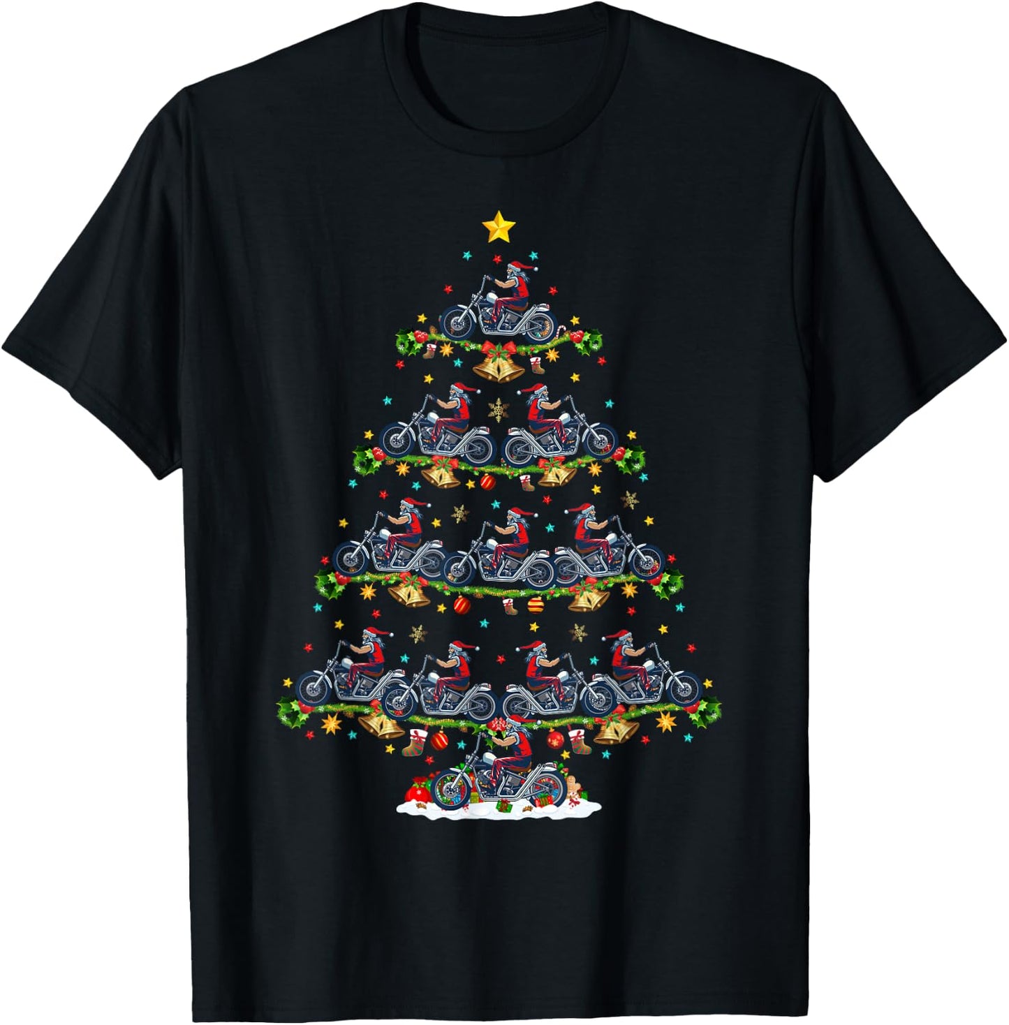 Motorcycle Lover Matching Santa Motorcycle Christmas Tree T-Shirt - T-Shirt | Black