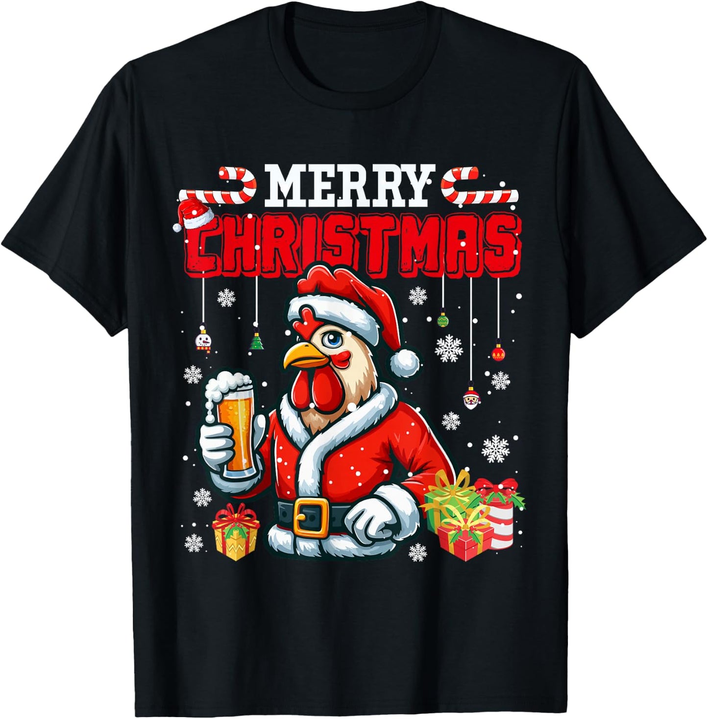 Merry Christmas Santa Rooster Chicken Drinking Beer Farmer T-Shirt - T-Shirt | Black