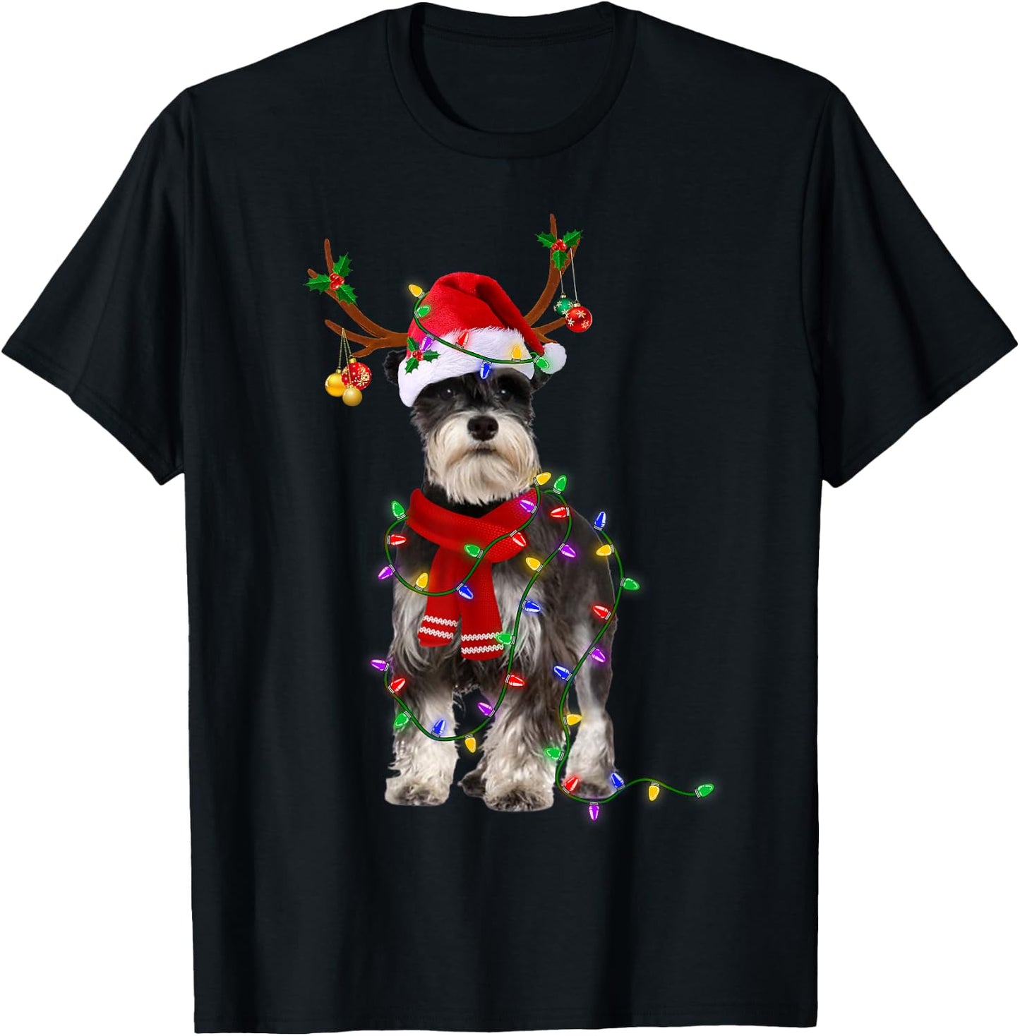 Funny Schnauzer Dog Tree Christmas Lights Dog Lover Pajama Men Women Kids T-Shirt - T-Shirt | Black