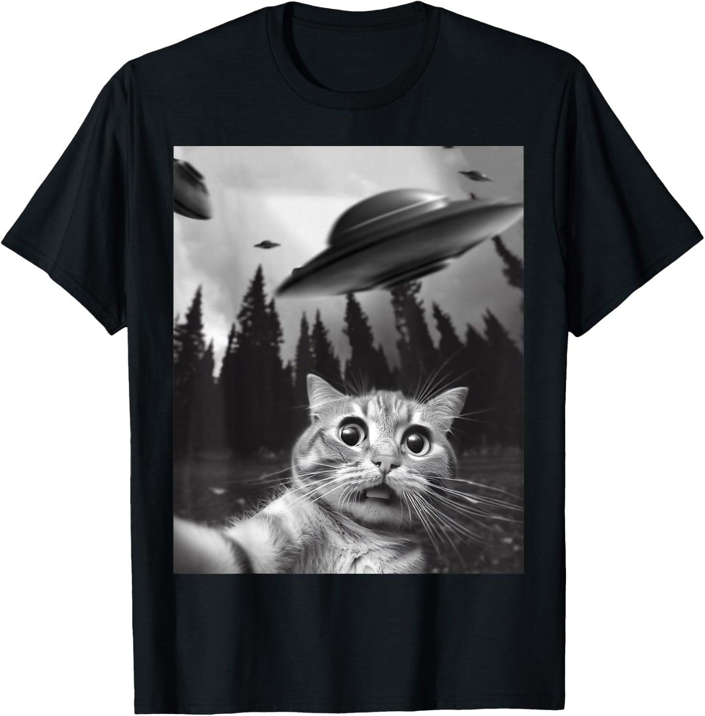 Funny Cat Selfie with UFOs T-Shirt - T-Shirt | Black
