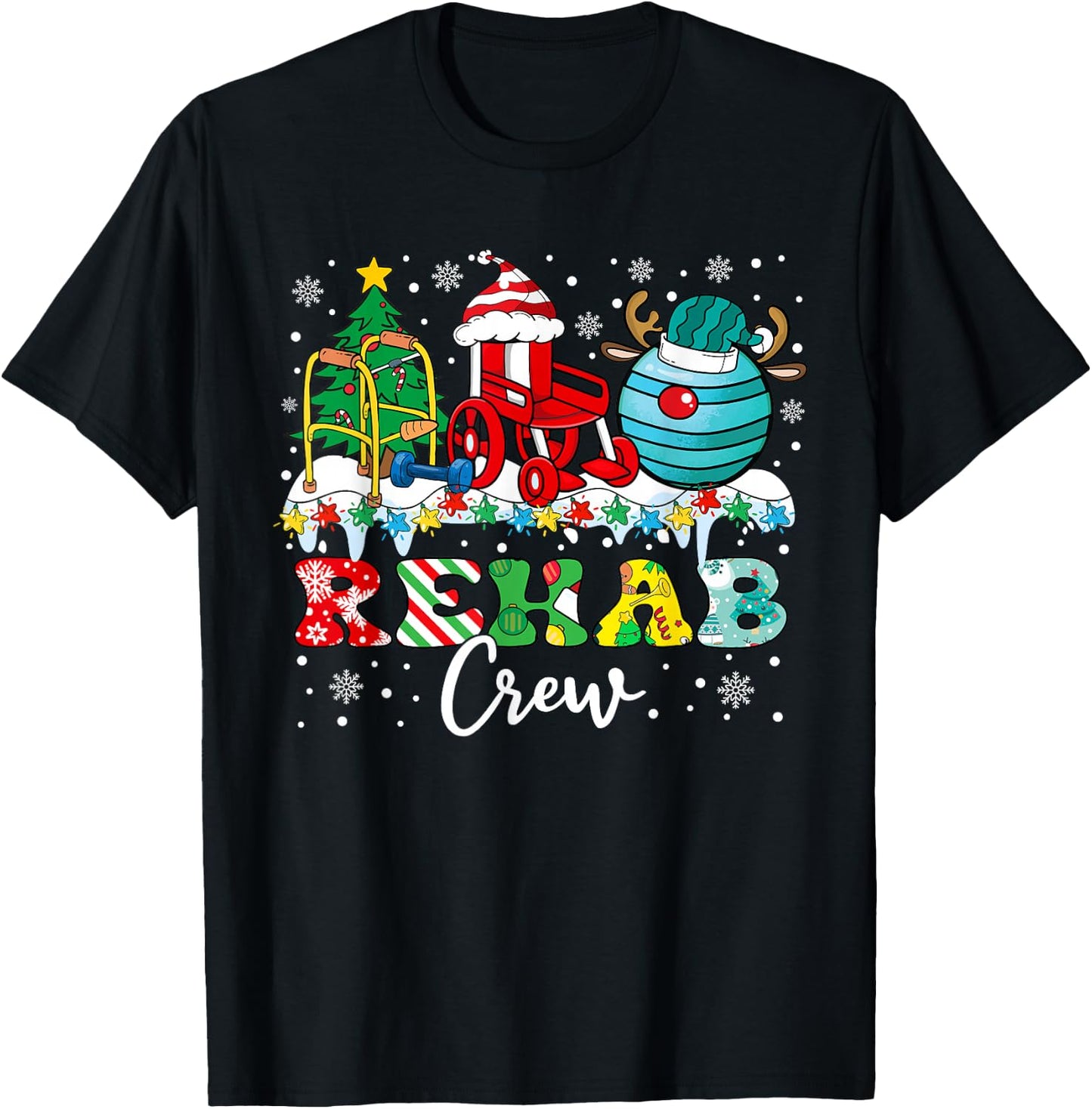 Rehab Crew Wheelchair Santa Reindeer Rehab Nurse Christmas T-Shirt - T-Shirt | Black