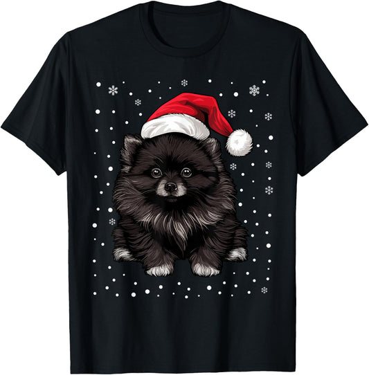 Black Pomeranian Dog Christmas Santa Hat Xmas Pajama T-Shirt - T-Shirt | Black