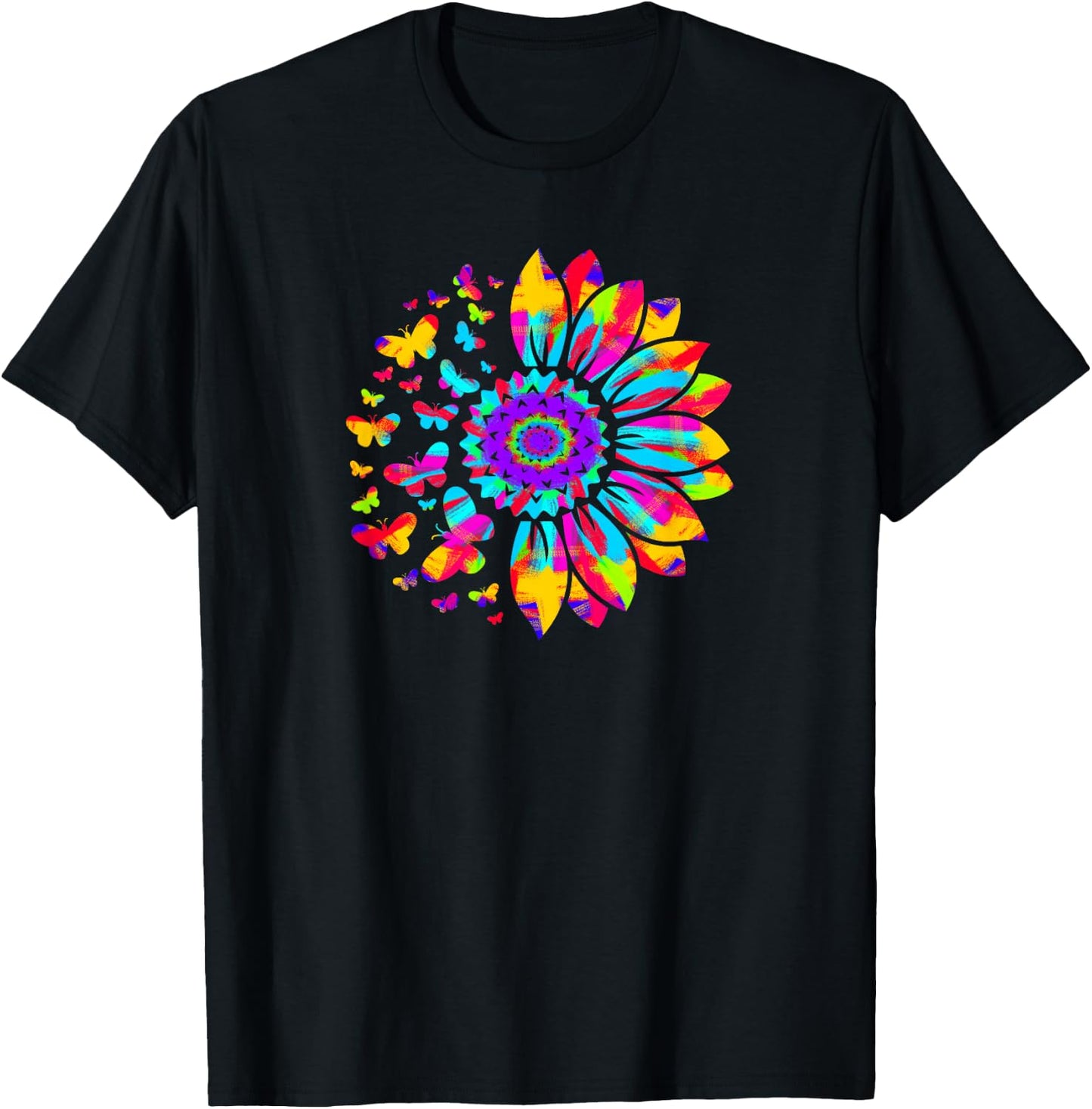 Sunflower Sun Flower Tie Dye Daisy Butterflies Women Girls T-Shirt - T-Shirt | Black