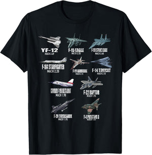 Top 10 Fastest US Fighter Jets YF-12 F-111 Aardvark F-15 T-Shirt - T-Shirt | Black
