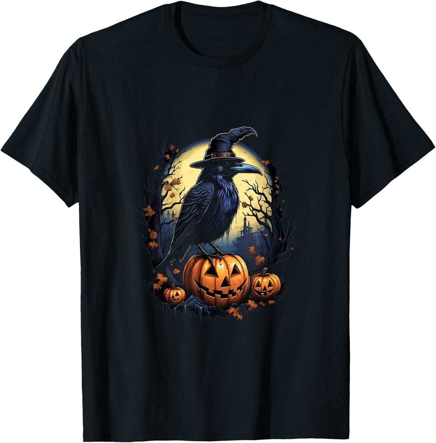 Crow Bird Witch Hat Pumpkins Halloween Costume T-Shirt - T-Shirt | Black