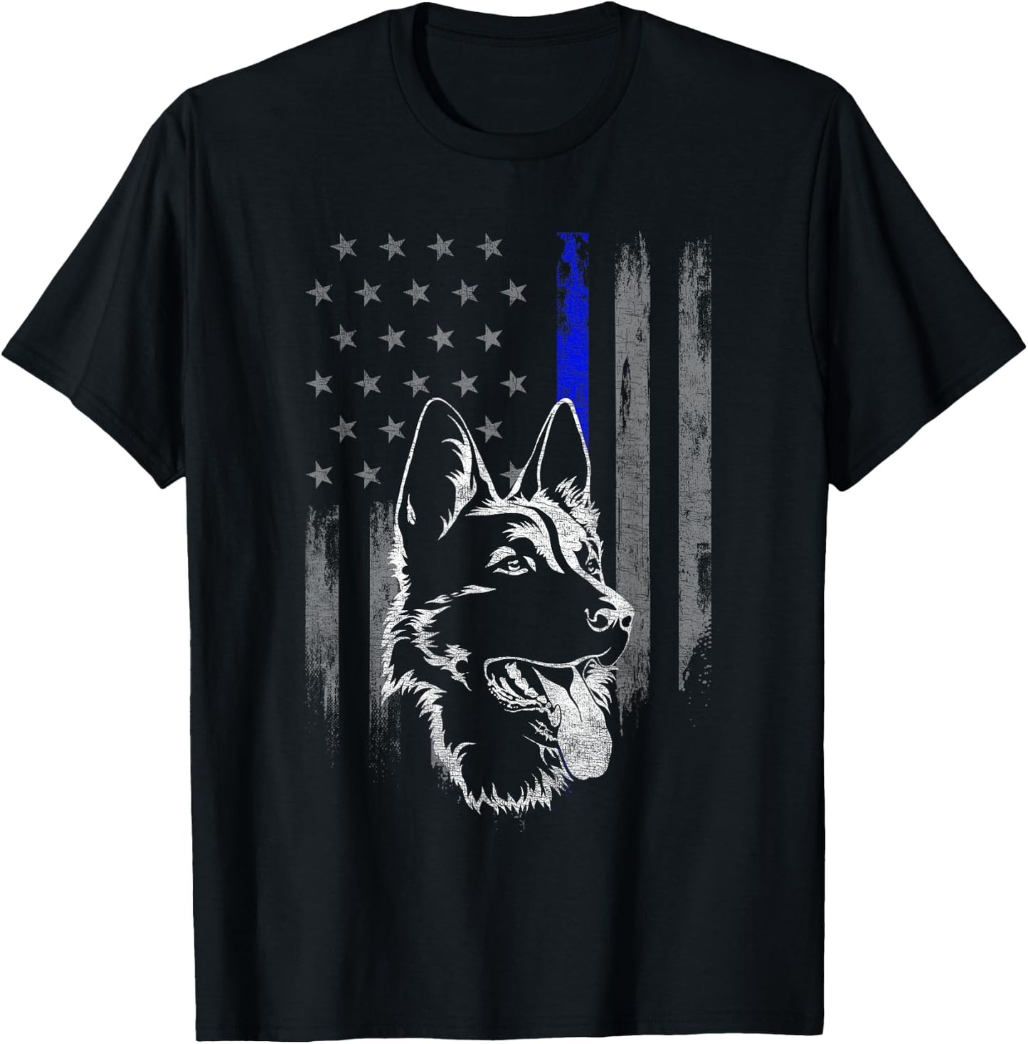 American Flag Thin Blue Line Flag German Shepherd Police T-Shirt - T-Shirt | Black