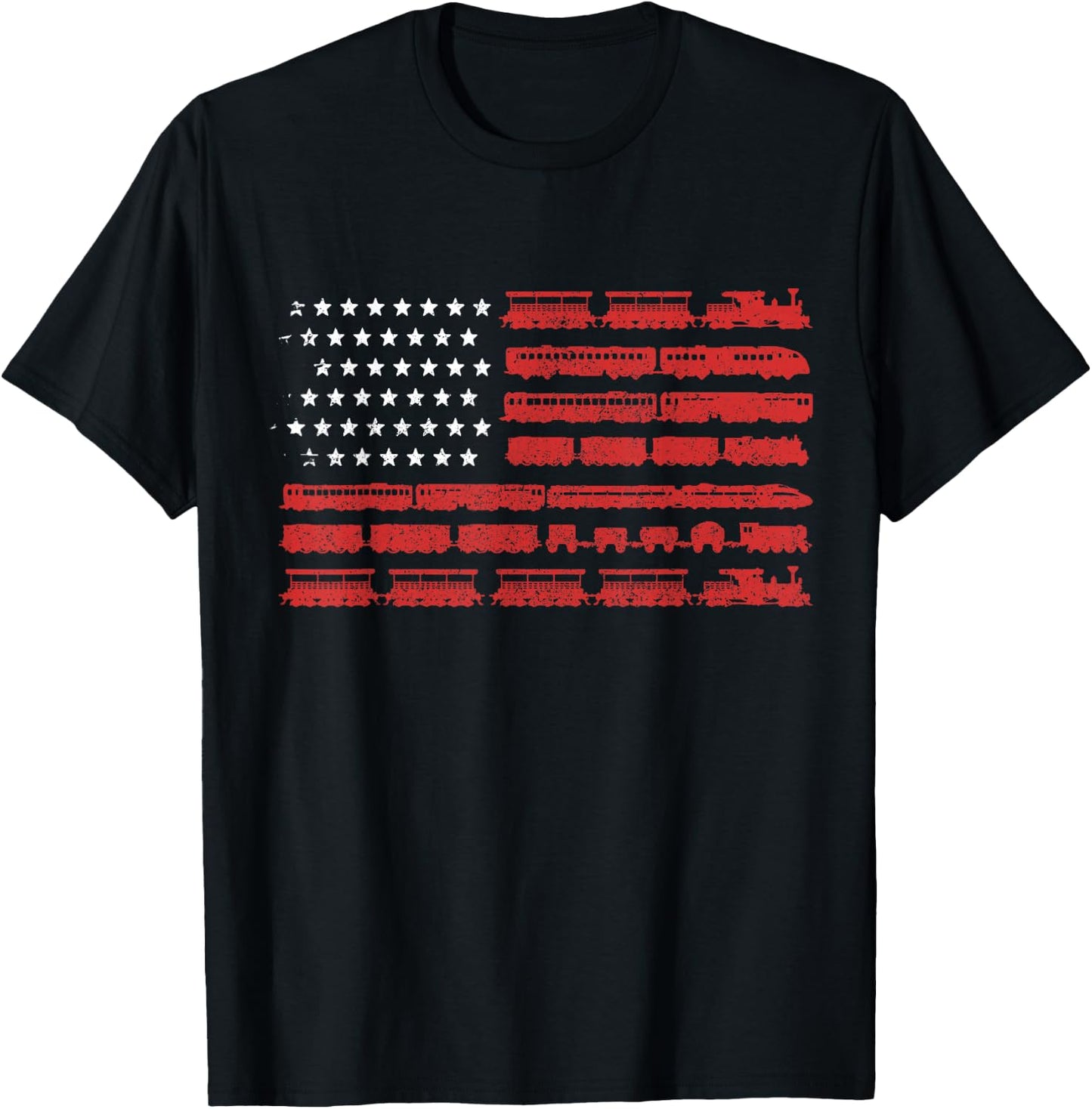 Train American Flag Patriotic Locomotive Railroad T-Shirt - T-Shirt | Black