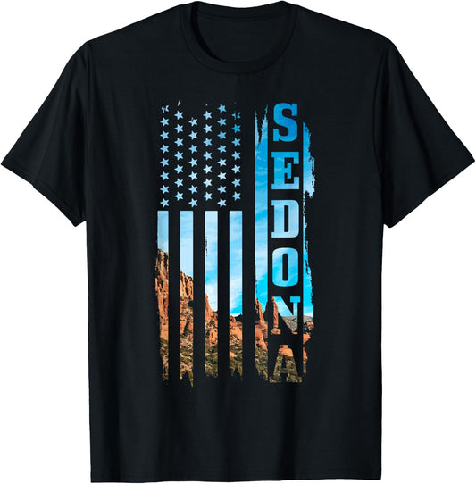 Sedona Arizona Patriotic American Flag Vintage Nature Hiking T-Shirt - T-Shirt | Black