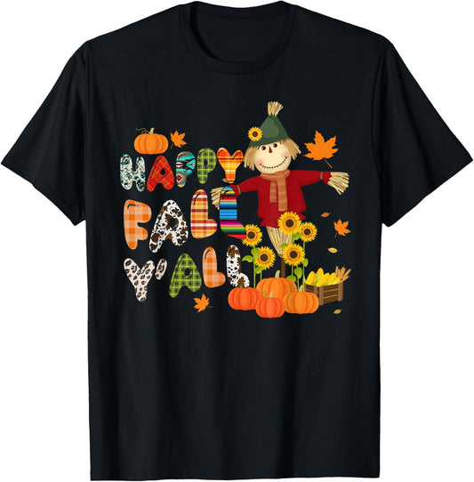Scarecrow Happy Fall Y'all Pumpkin Thanksgiving Halloween T-Shirt - T-Shirt | Black