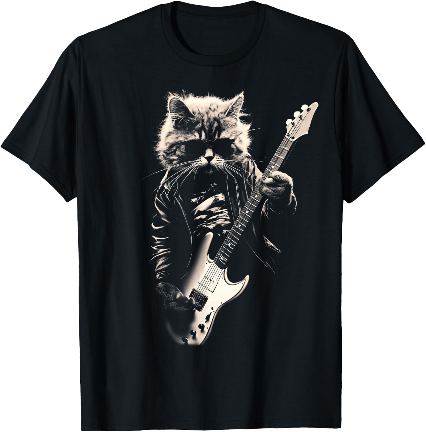 Rock Cat Playing Guitar - Funny Guitar Cat T-Shirt - T-Shirt | Black
