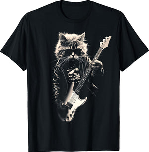 Rock Cat Playing Guitar - Funny Guitar Cat T-Shirt - T-Shirt | Black