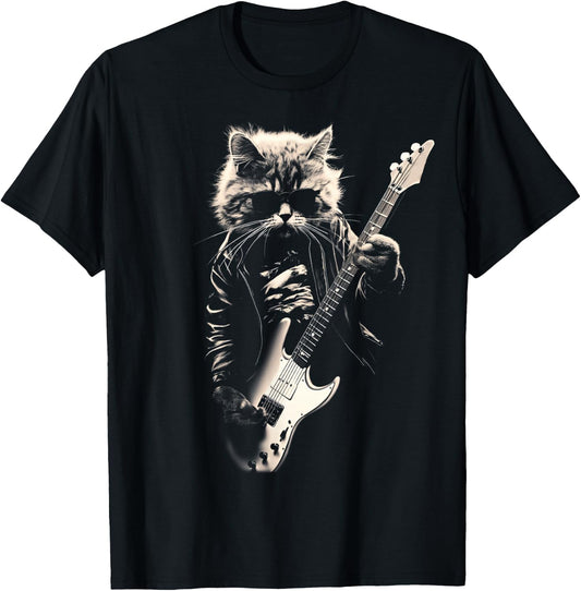 Rock Cat Playing Guitar - Funny Guitar Cat T-Shirt - T-Shirt | Black