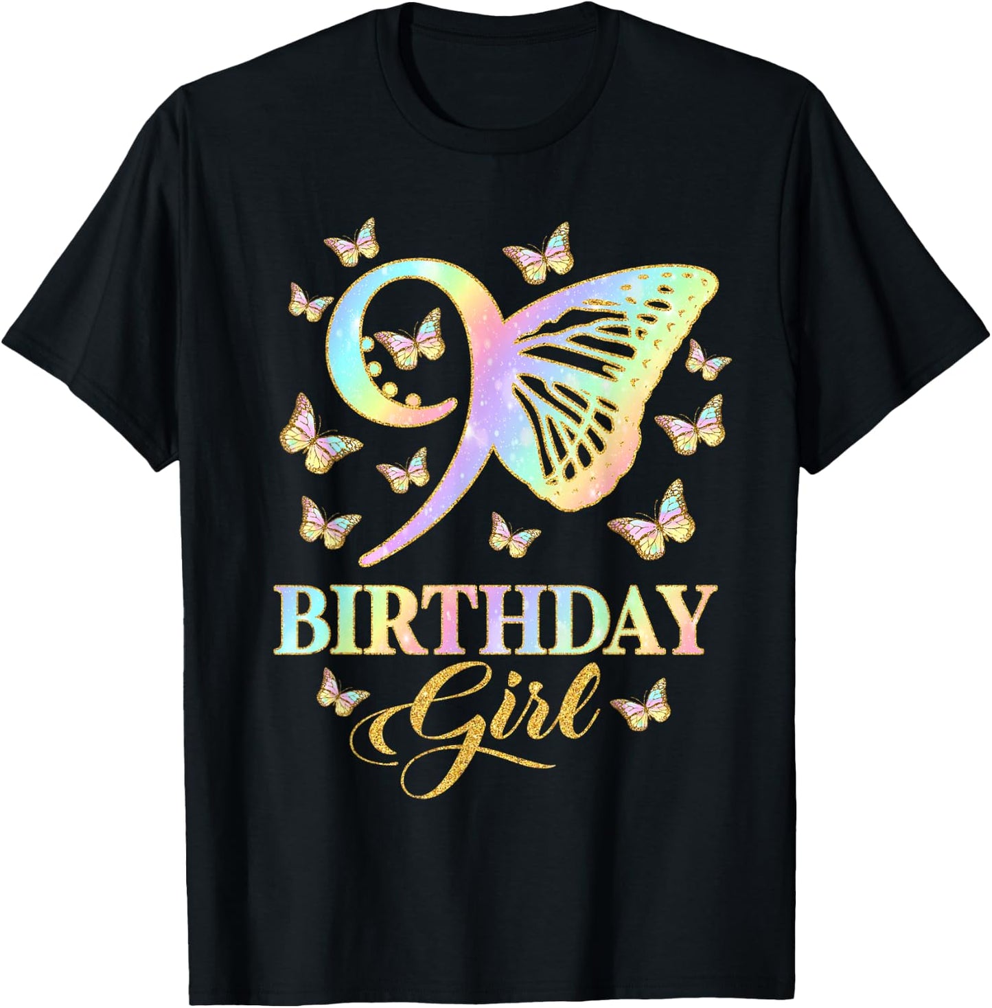 Butterfly 9th Birthday Outfit 9 Year Old Girl Kids Cute T-Shirt - T-Shirt | Black