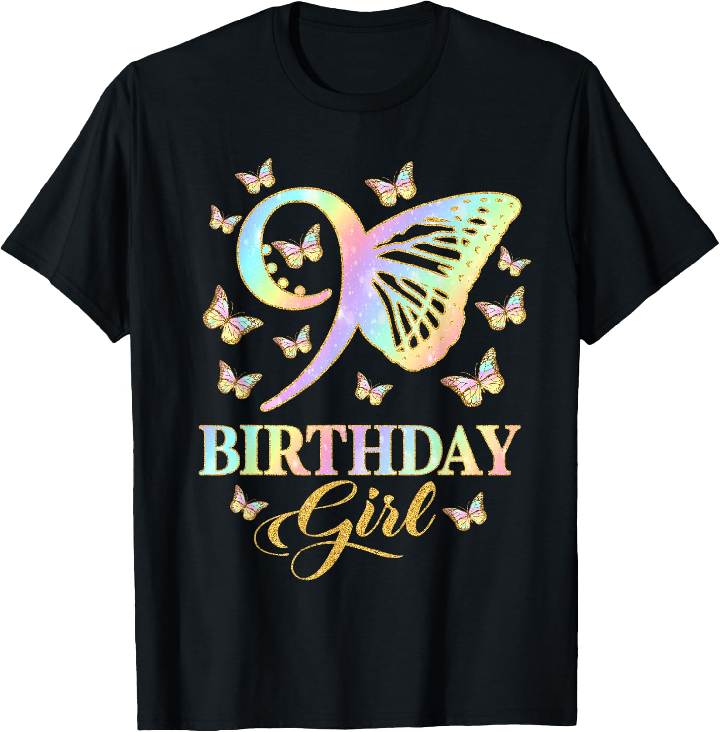 Butterfly 9th Birthday Outfit 9 Year Old Girl Kids Cute T-Shirt - T-Shirt | Black
