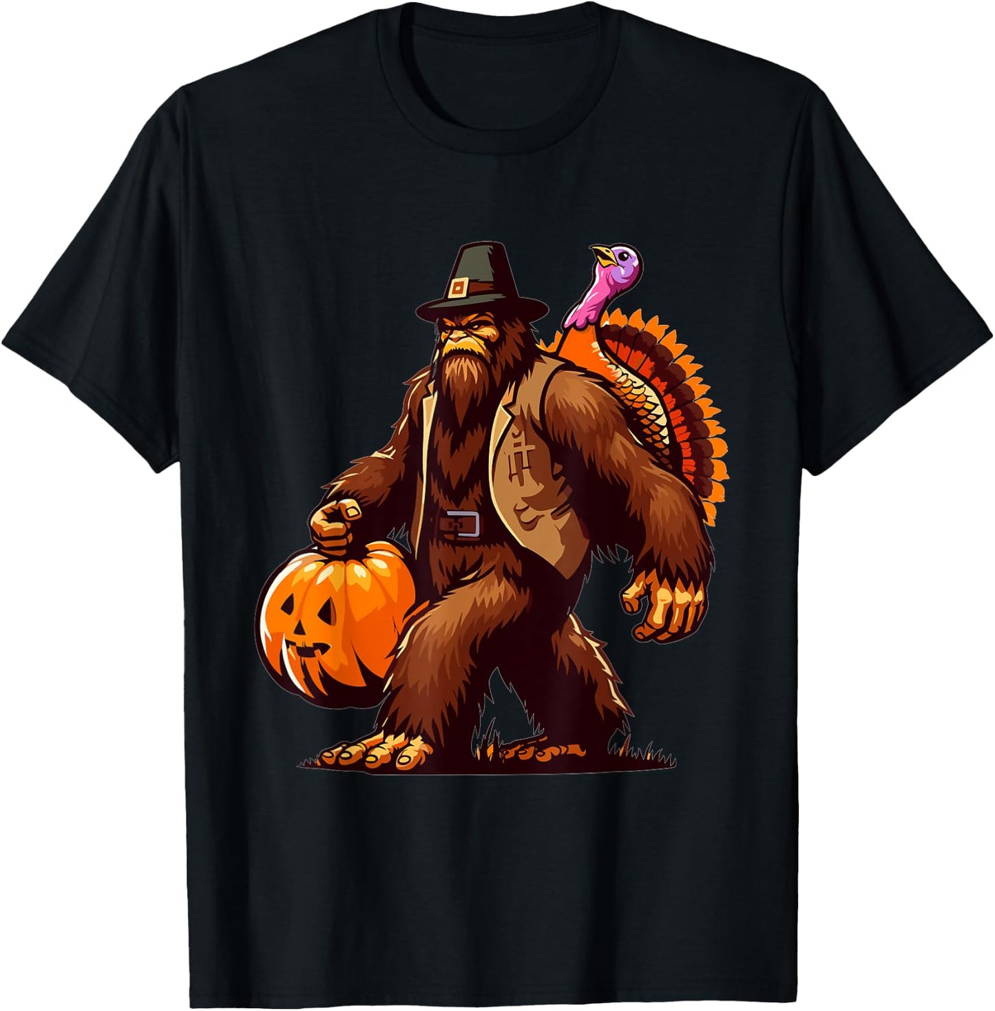 Bigfoot Pilgrim Turkey Pumpkin Thanksgiving Day T-Shirt - T-Shirt | Black
