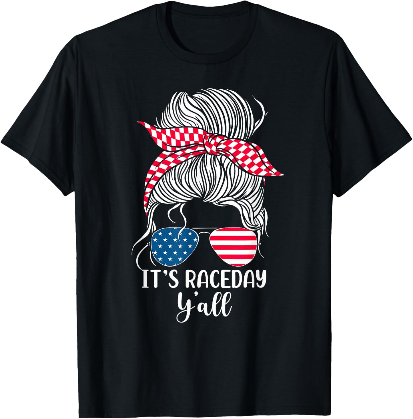 Dirt Track Racing Race Girl USA American Flag Glasses Bun T-Shirt - T-Shirt | Black