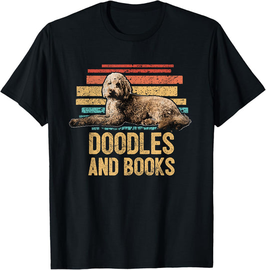 Doodles And Books Goldendoodle Dog Doodle Book Lover Retro T-Shirt - T-Shirt | Black