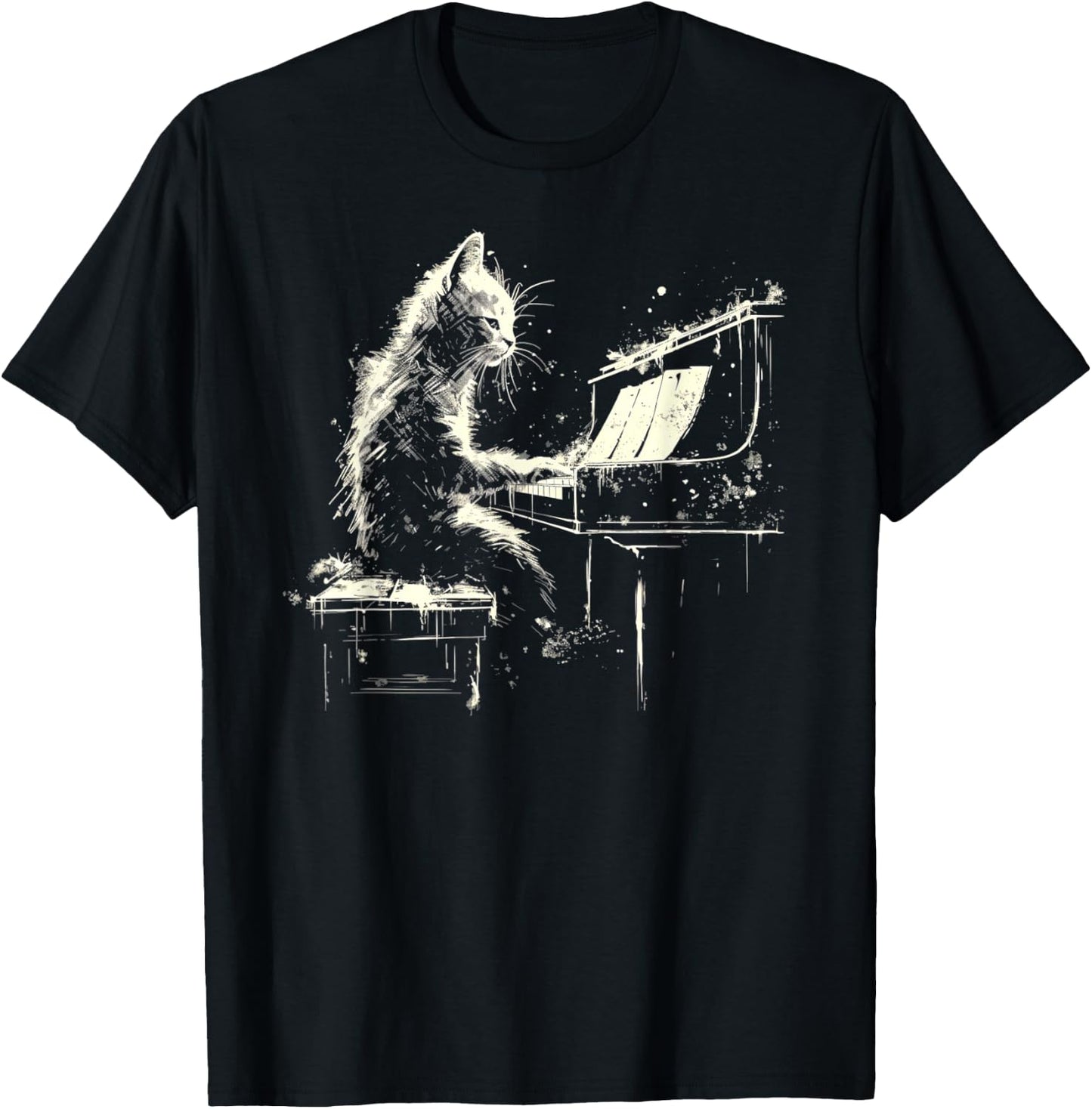 Cat Playing Piano Women Girls Kids T-Shirt - T-Shirt | Black