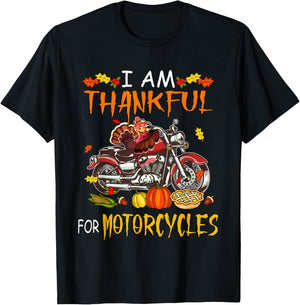 Biker Thanksgiving Costume Thankful For Motorcycles Funny Turkey Riding Motorcycle - Black, -Adults, Short Sleeve, , Thanksgiving, Halloween T-Shirt - T-Shirt | Black
