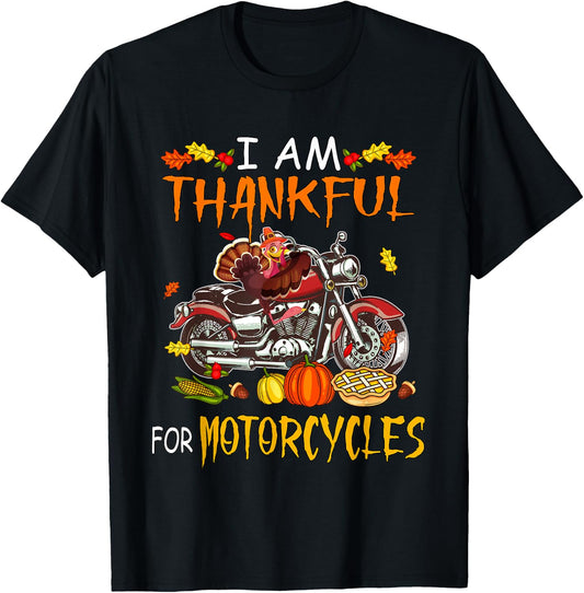 Biker Thanksgiving Costume Thankful For Motorcycles Funny Turkey Riding Motorcycle - Black, -Adults, Short Sleeve, , Thanksgiving, Halloween T-Shirt - T-Shirt | Black
