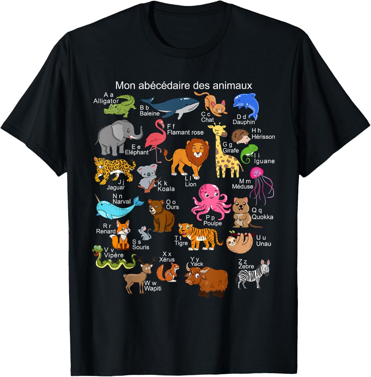 French Animals Alphabet A-Z ABC of the Wildlife T-Shirt - T-Shirt | Black