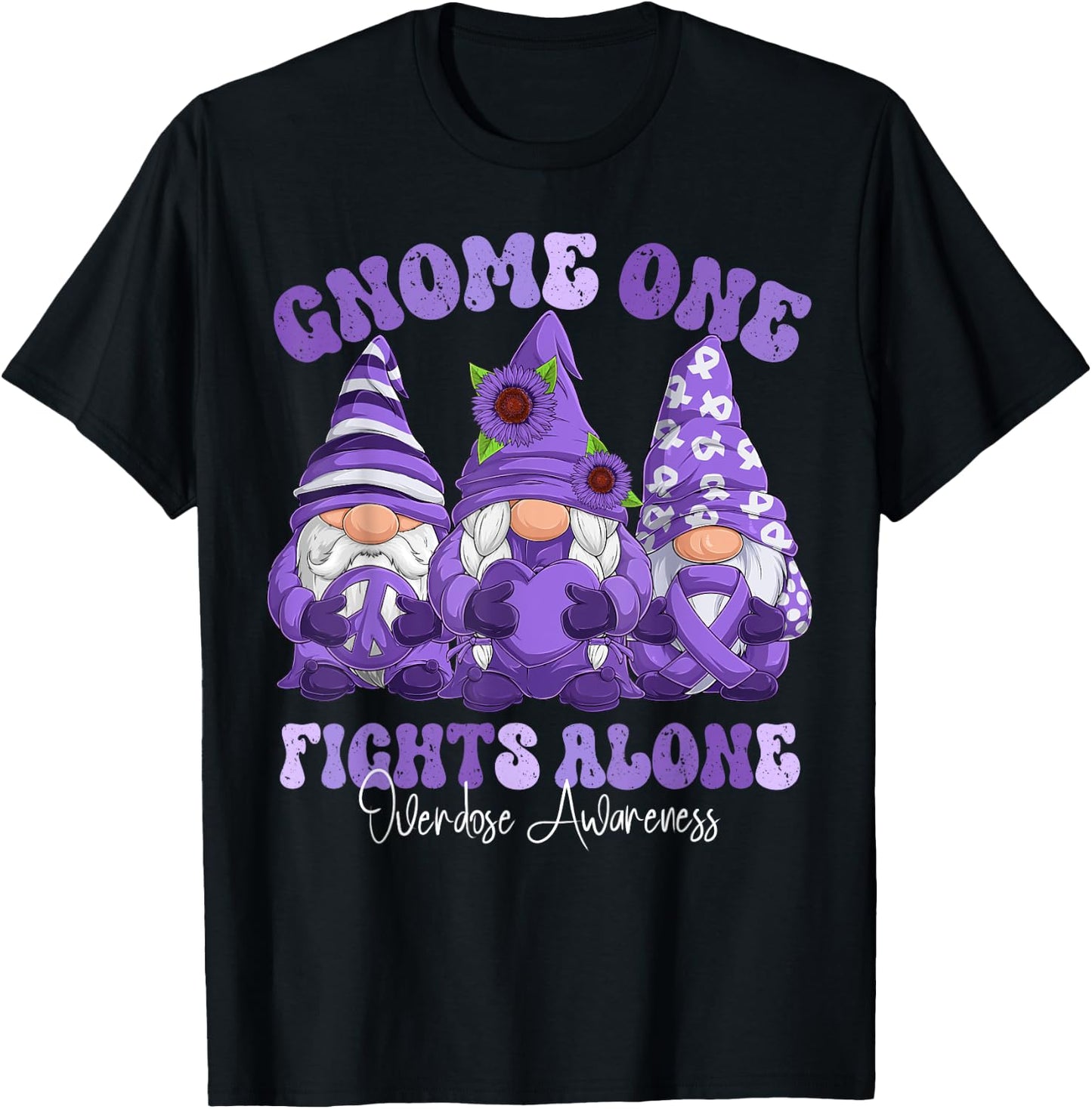 Overdose Awareness Month Purple Ribbon Gnomies T-Shirt - T-Shirt | Black