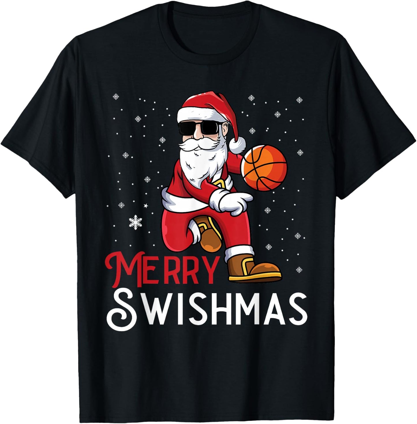 Merry Swishmas Funny Christmas Santa Basketball Player T-Shirt - T-Shirt | Black