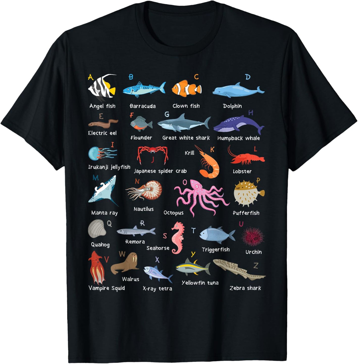 A-Z Ocean Life Exploration - Sea Creatures Alphabet T-Shirt - T-Shirt | Black